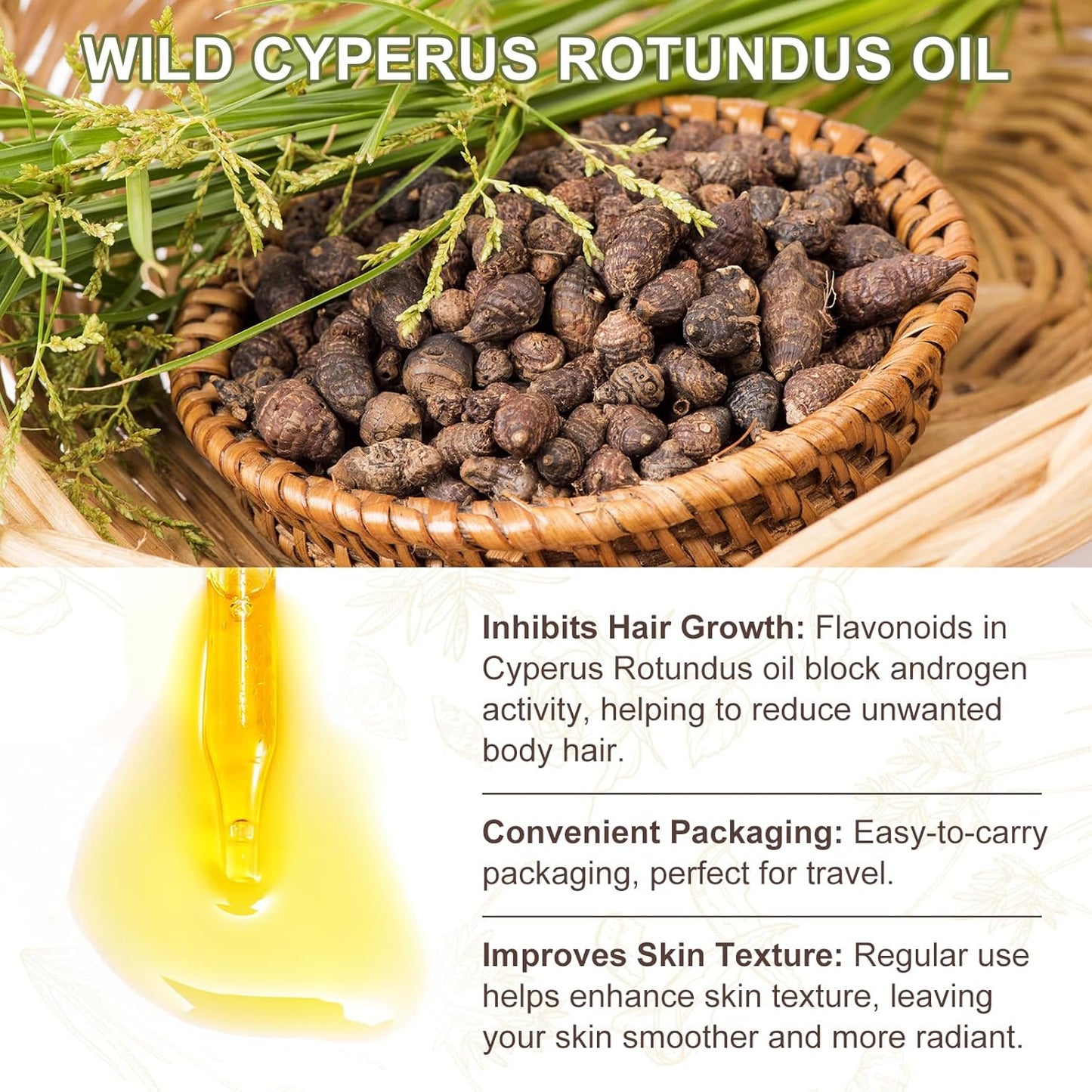 Natural Hair Removal Oil - Cyperus Rotundus Oil for Permanent Hair Reduction & Silky Smooth Skin
