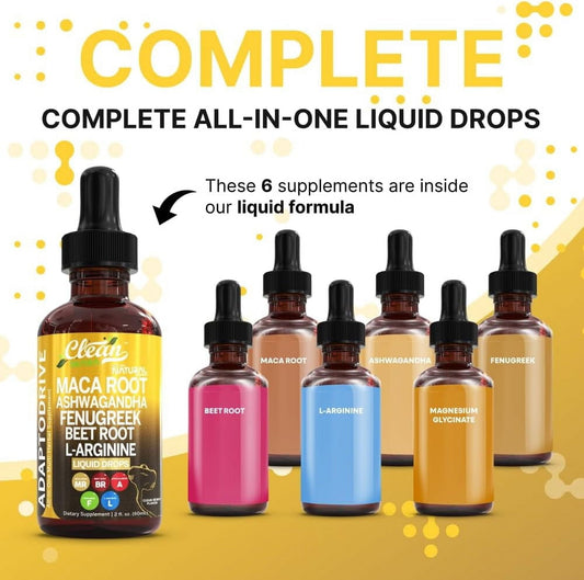 Clean Nutra Organic Maca Root Liquid Drops with Ashwagandha, Fenugreek, Beet Root and L-Arginine Liquid Multivitamin for Women and Men - Adapto Drive