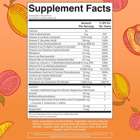 Liquid Multivitamin+Hair Growth | Clinically Tested for Thicker Hair & Facial Wrinkles in Women | Lustriva Hair Growth Supplement | Peach Mango 30 Fl Oz