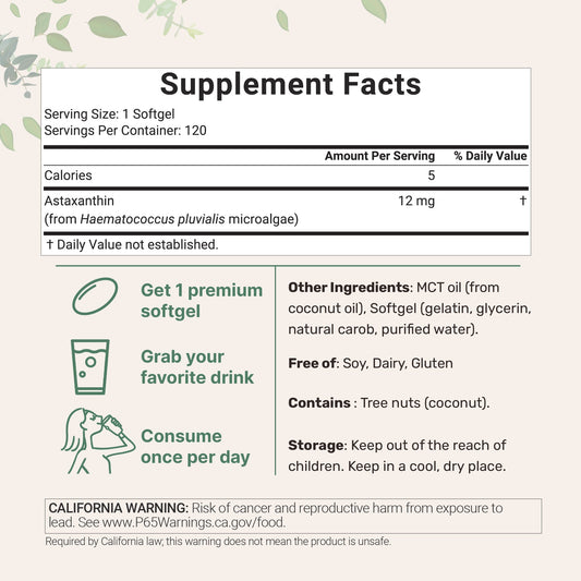 Micro Ingredients Astaxanthin 12mg, 120 softgels, tanning pills, Strength Carotenoids Skin Supplement w. 100% Natural Astaxanthin from MicroAlgae
