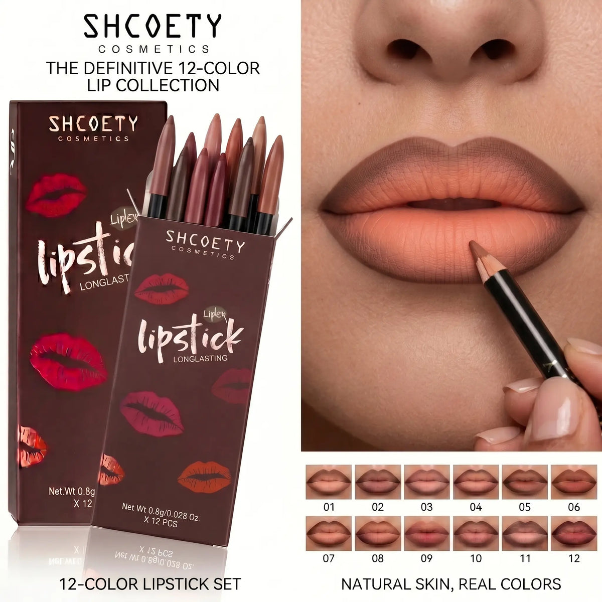 12-Piece 2-in-1 Lipliner & Lipstick Contour Combo Kit - Waterproof Creamy Matte 13.5cm Pencils, Long-Lasting Smooth Pigmented Multi-Pack with Vintage Nude, Brown, Mocha Shades for Youth, Flawless Finish (2-in-1 Hack) Makeup Chocolate sohochic