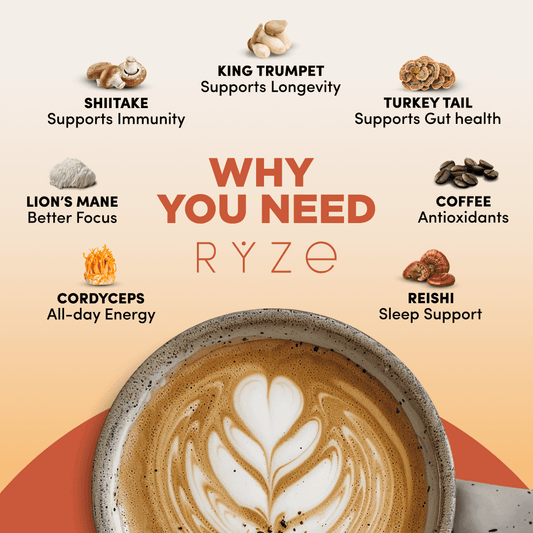 RYZE SUPERFOODS Mushroom Medium Roast Coffee USDA Organic with 6 Adaptogenic Mushrooms, USA Grown Instant Coffee for Better Energy, Focus Digestion Immunity with Lions Mane & Turkey Tail 30 Servings