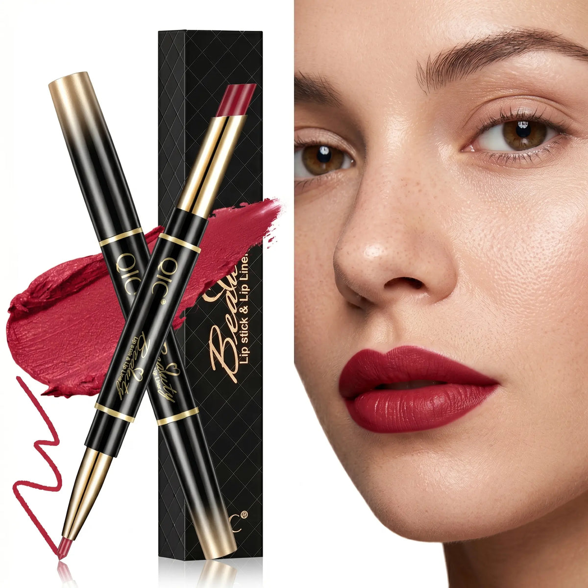 2-in-1 Matte Lipstick & Creamy Lipliner Pen, Regular Edition, Long-Lasting, Non-Smudge Waterproof, Smudge-Proof, High-Pigment, Full-Coverage, Smooth, Alcohol-Free Daily Beauty Makeup for Back to School Youth