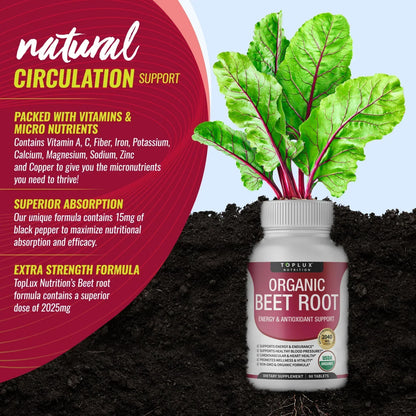 Organic Beet Root Powder Tablets 2040mg – Energy & Circulation Support (90 Ct)