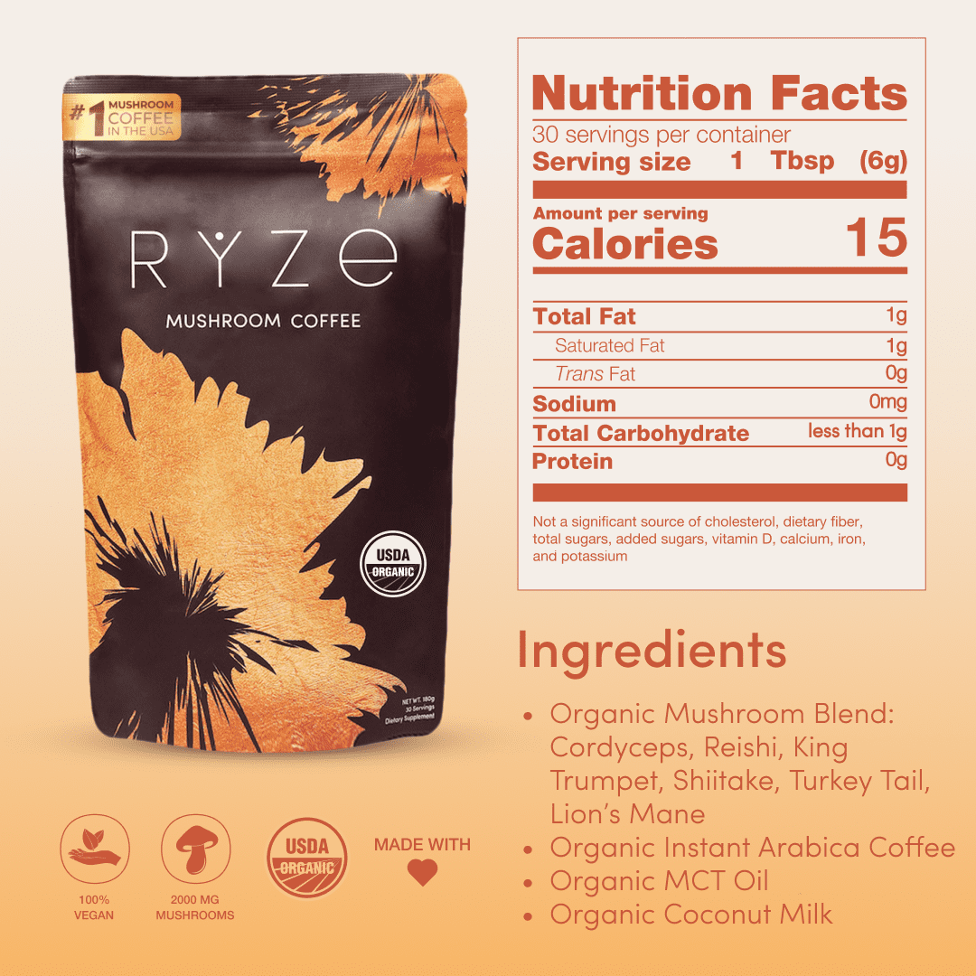 RYZE SUPERFOODS Mushroom Medium Roast Coffee USDA Organic with 6 Adaptogenic Mushrooms, USA Grown Instant Coffee for Better Energy, Focus Digestion Immunity with Lions Mane & Turkey Tail 30 Servings