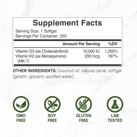 DEAL SUPPLEMENT Vitamin D3 10,000 IU + K2 MK7 200mcg Softgels, 250 Count | 2-in-1 Complex with Virgin Coconut Oil | Supports Heart, Bone, Teeth & Immune Health* | Easy to Swallow-Shop