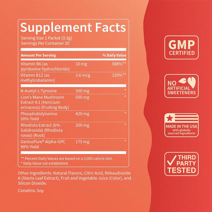 Drink Mix – Fruit Punch Flavor – Alpha GPC, Lion’s Mane, Rhodiola & N-Acetyl L-Tyrosine – Sugar-Free, On-The-Go Packets – 20 Servings-Shop