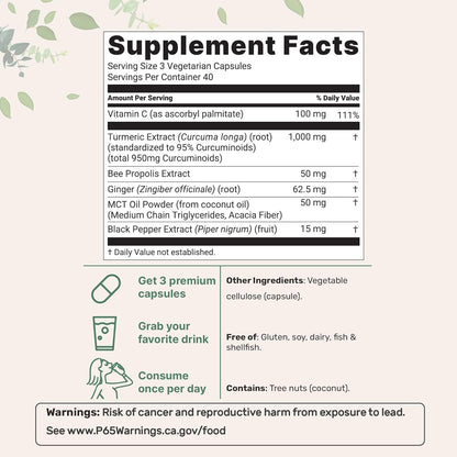 High-Absorption Turmeric Curcumin 1000mg | 95% Curcuminoids with BioPerine® Black Pepper | Absorption Boosting Blend with Propolis, Ginger, MCT & Vitamin C | 120 Plant-Based Capsules