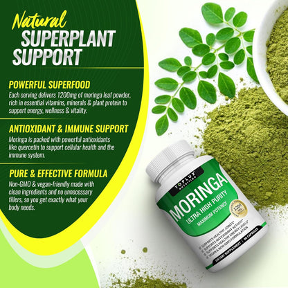 Moringa Capsules 1200mg – Pure Oleifera Leaf Superfood for Immune & Skin Health | Vegan, Non-GMO | 90 Capsules-Shop