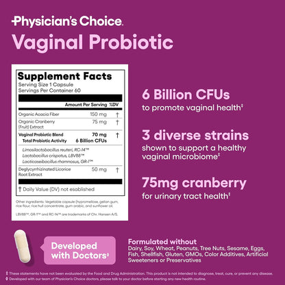 Women’s Vaginal Probiotics Advanced pH, Odor & Yeast Support 6 Billion CFU with Organic Prebiotics & Cranberry Feminine Health Formula 30 Capsules-Shop