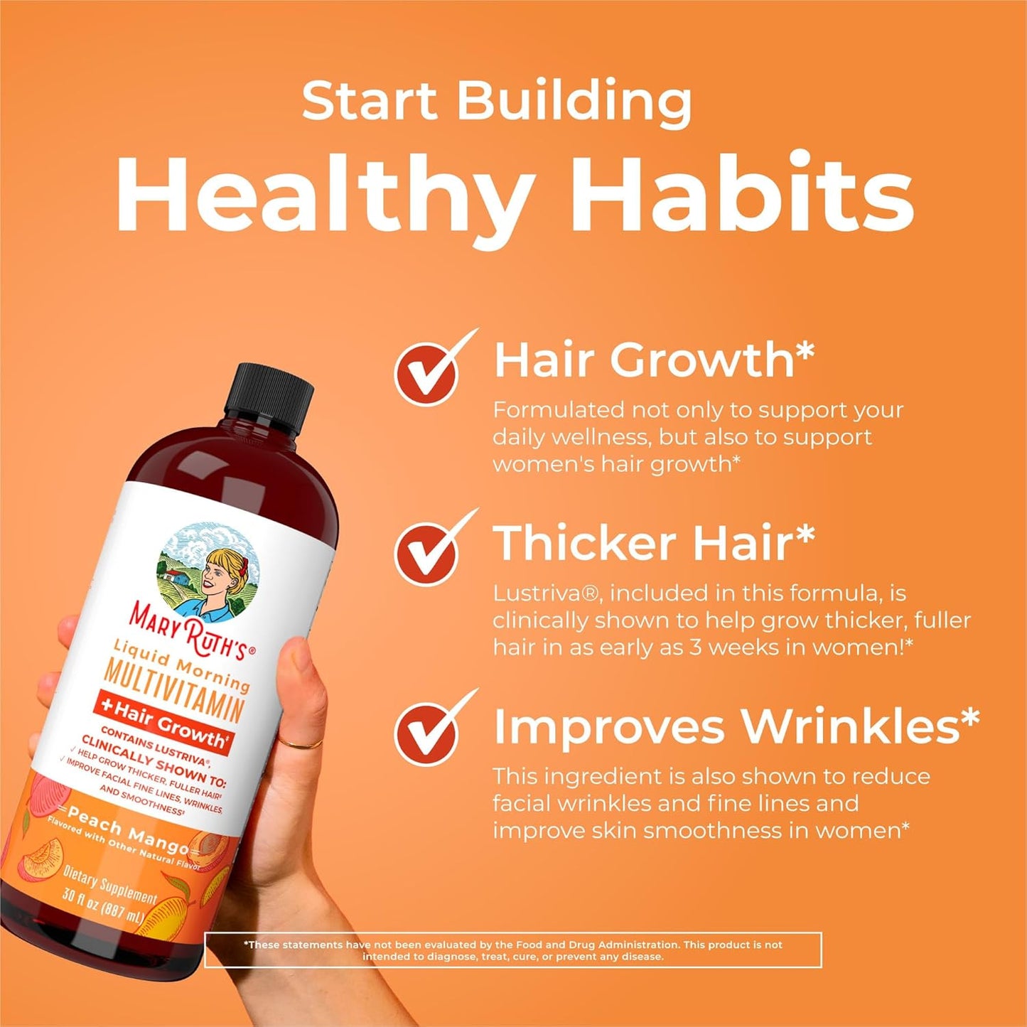 Liquid Multivitamin+Hair Growth | Clinically Tested for Thicker Hair & Facial Wrinkles in Women |  Lustriva Hair Growth Supplement | Peach Mango 30 Fl Oz