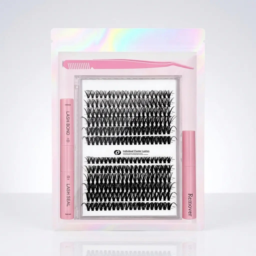 DIY Lash Cluster Extension Mix Lash Kit - 240pcs Beginner-Friendly Soft Cluster Eyelashes, Latex-Free Gentle Bond & Seal, 4-in-1 Easy-Apply Wispy Flawless Volumized Falsies, Removal Tool, Precision Tweezers for Salon, Back-to-School