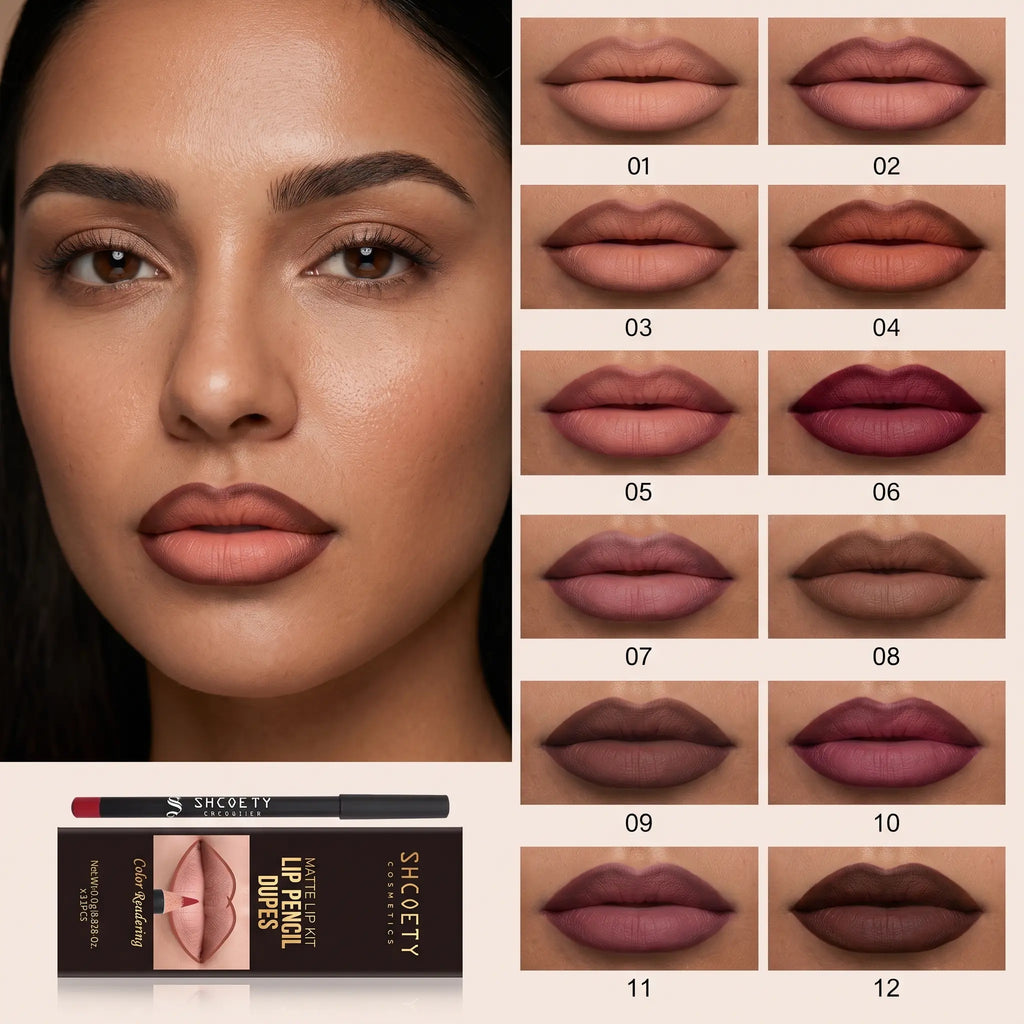 12-Shade Precision Ombré Lip Liner Set - Waterproof, Smudge-Proof, Transfer-Proof Ultra Creamy Matte Lip Pencils with Shade Guide, 3D Plumping Contour, Daily Blendable Moisturizing Beauty Products for All Skin Types - Nude Mauve Brown Makeup Gift