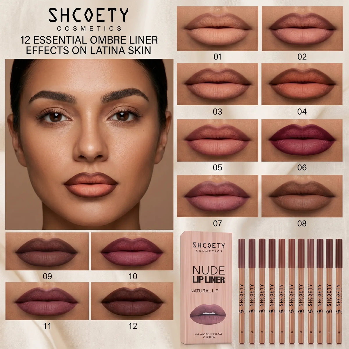 12-Shade Precision Ombré Lip Liner Set - Waterproof, Smudge-Proof, Transfer-Proof Ultra Creamy Matte Lip Pencils with Shade Guide, 3D Plumping Contour, Daily Blendable Moisturizing Beauty Products for All Skin Types - Nude Mauve Brown Makeup Gift