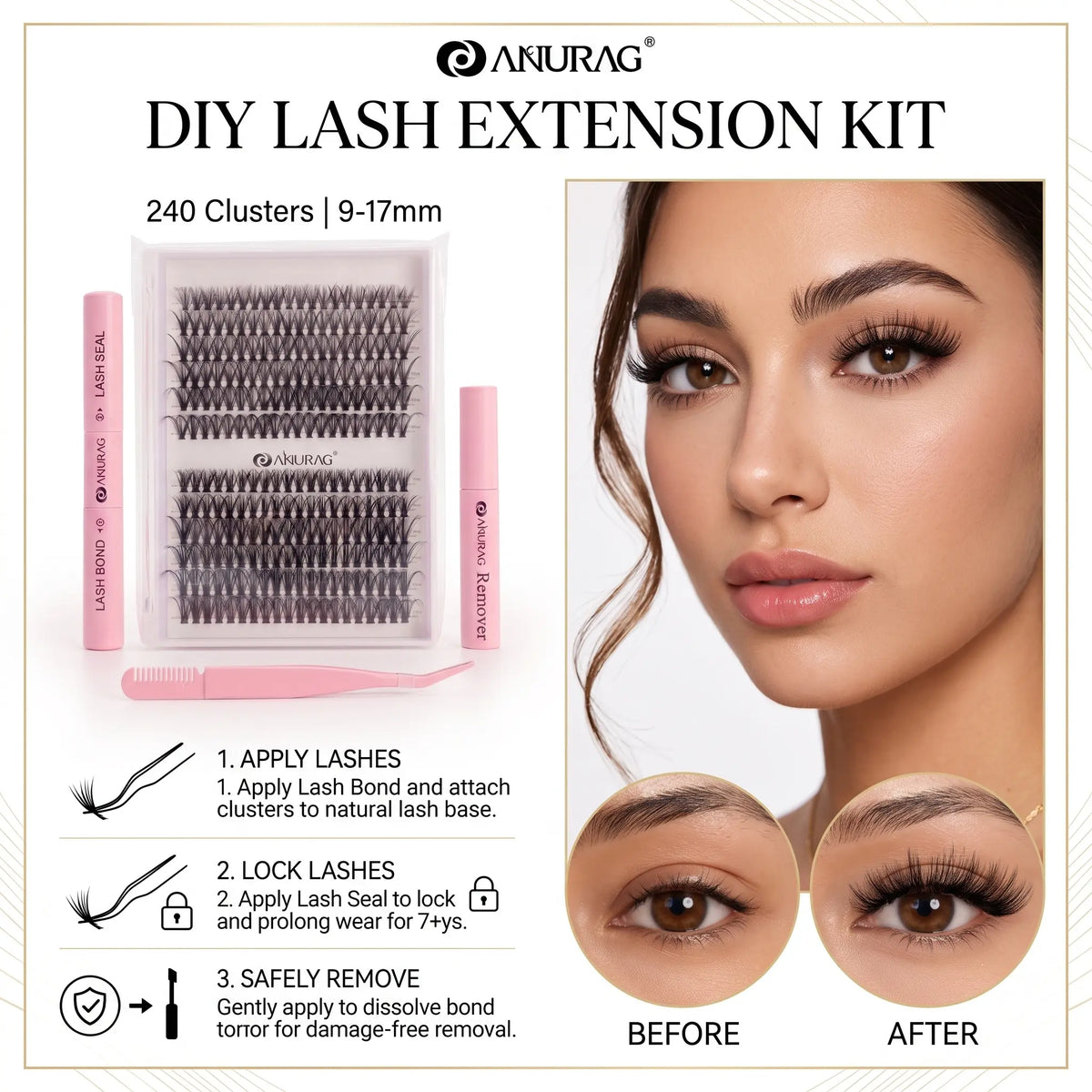 DIY Lash Cluster Extension Mix Lash Kit - 240pcs Beginner-Friendly Soft Cluster Eyelashes, Latex-Free Gentle Bond & Seal, 4-in-1 Easy-Apply Wispy Flawless Volumized Falsies, Removal Tool, Precision Tweezers for Salon, Back-to-School