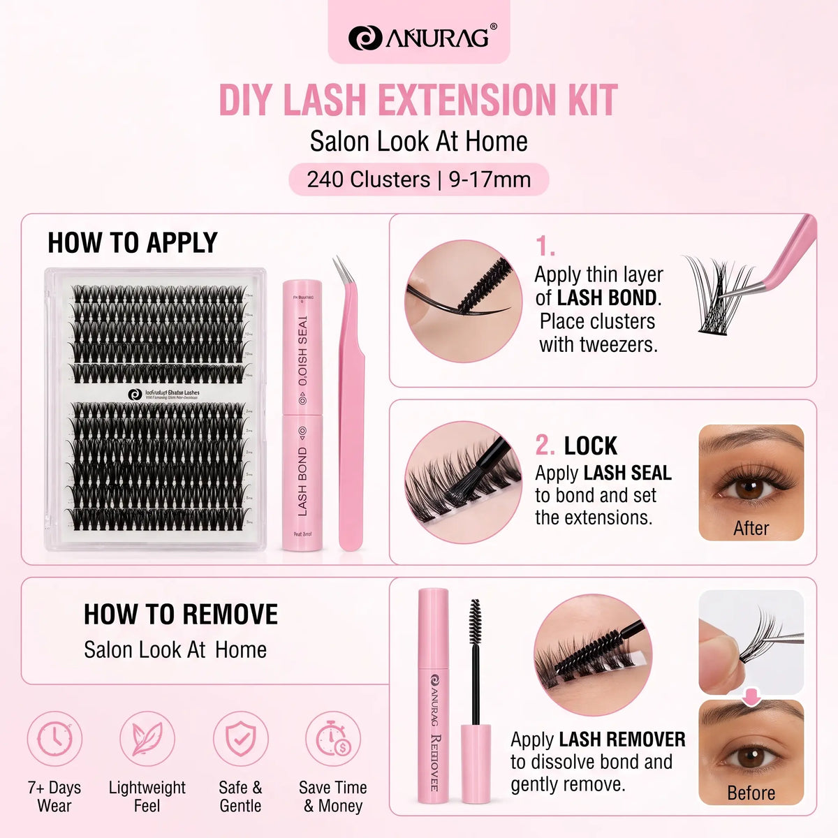 DIY Lash Cluster Extension Mix Lash Kit - 240pcs Beginner-Friendly Soft Cluster Eyelashes, Latex-Free Gentle Bond & Seal, 4-in-1 Easy-Apply Wispy Flawless Volumized Falsies, Removal Tool, Precision Tweezers for Salon, Back-to-School