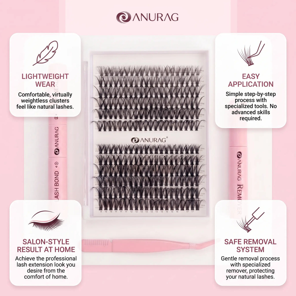 DIY Lash Cluster Extension Mix Lash Kit - 240pcs Beginner-Friendly Soft Cluster Eyelashes, Latex-Free Gentle Bond & Seal, 4-in-1 Easy-Apply Wispy Flawless Volumized Falsies, Removal Tool, Precision Tweezers for Salon, Back-to-School