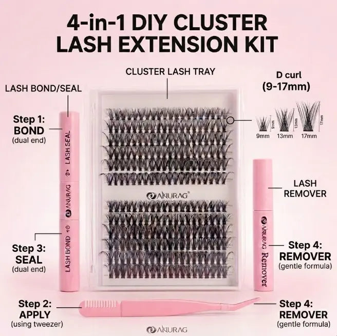 DIY Lash Cluster Extension Mix Lash Kit - 240pcs Beginner-Friendly Soft Cluster Eyelashes, Latex-Free Gentle Bond & Seal, 4-in-1 Easy-Apply Wispy Flawless Volumized Falsies, Removal Tool, Precision Tweezers for Salon, Back-to-School