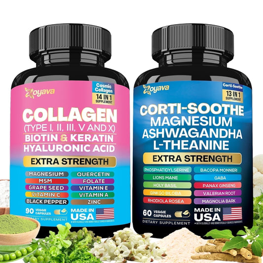 Zoyava Shining Serenity Set - Cortisol Support with Ashwagandha, L-Theanine, Magnesium, Lions Mane, Holy Basil & Collagen Type I, II, III, V, X with Biotin, Hyaluronic Acid, Keratin, and Folate-Shop