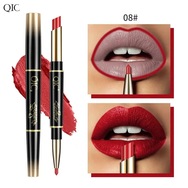 2-in-1 Matte Lipstick & Creamy Lipliner Pen, Regular Edition, Long-Lasting, Non-Smudge Waterproof, Smudge-Proof, High-Pigment, Full-Coverage, Smooth, Alcohol-Free Daily Beauty Makeup for Back to School Youth