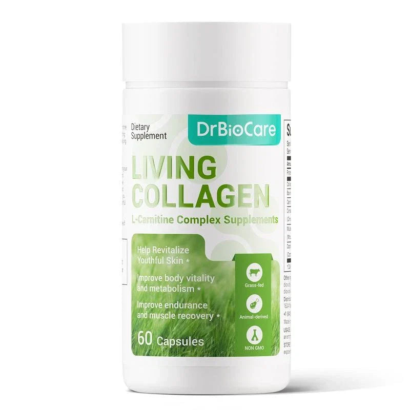 DrBioCare Living Collagen L-Carnitine Complex Supplement, Grass Fed Bovine Collagen Peptides,Bovine Colostrum,Cinnamon Extract,Mulberry Leaf Extract, Non-GMO, 60 Capsules