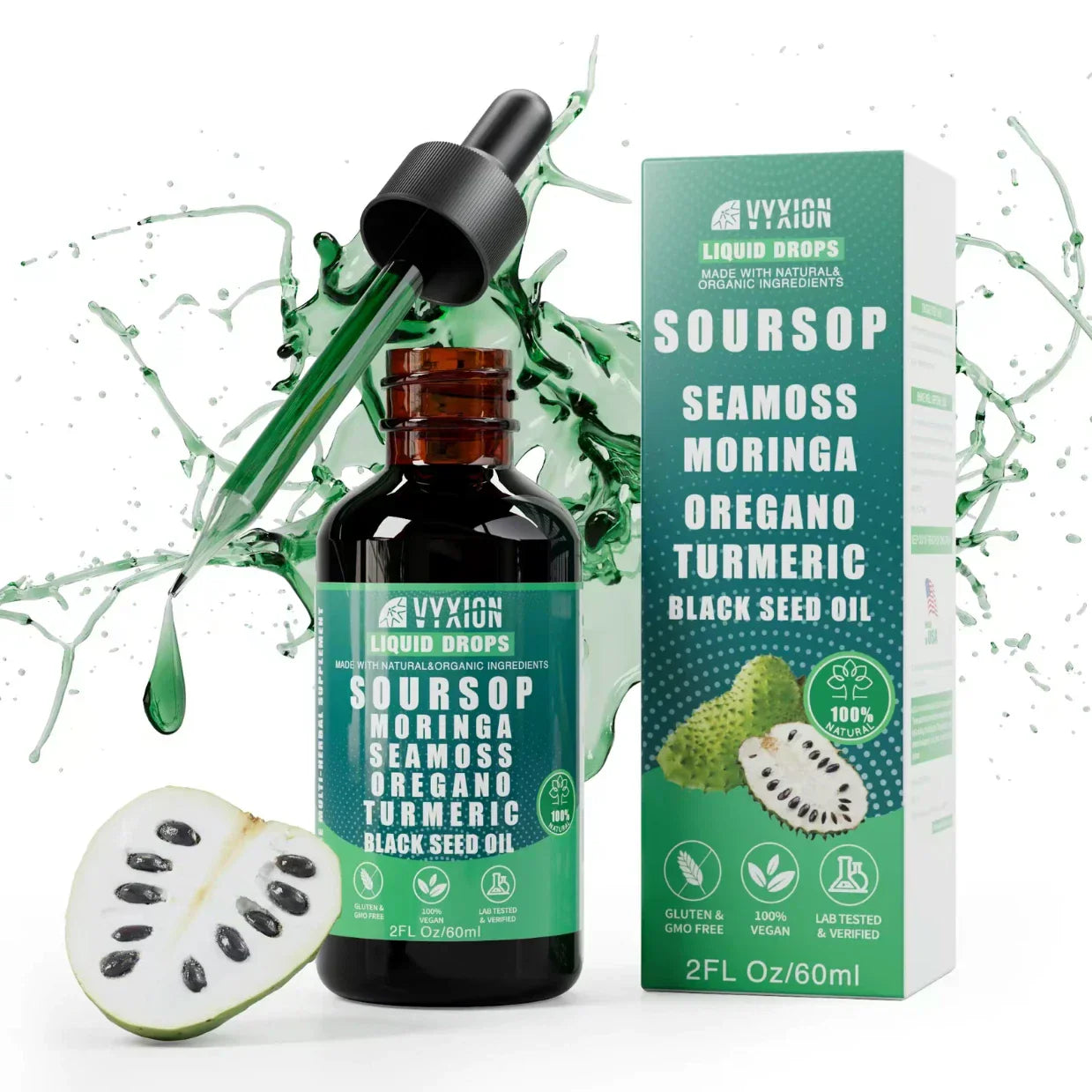 VYXION Pure Soursop 10 in 1 Liquid DropsExtract-Seamoss,Moringa,Black SeedOil