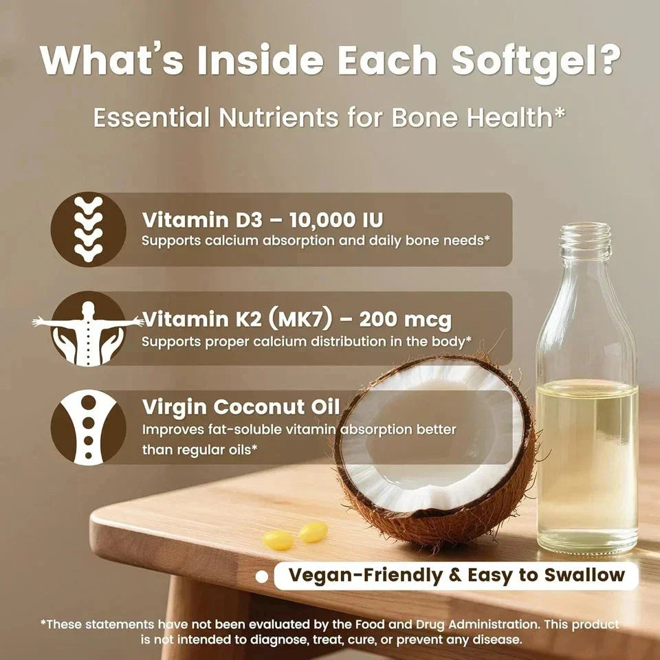 VEV Vitamin D3 Con K2 10000 IU, 300 Virgin Coconut Oil Softgels, 2 in 1 Vitamins