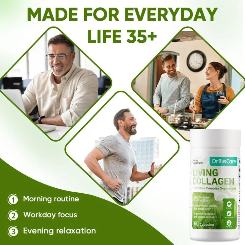 DrBioCare Living Collagen L-Carnitine Complex Supplement, Grass Fed Bovine Collagen Peptides,Bovine Colostrum,Cinnamon Extract,Mulberry Leaf Extract, Non-GMO, 60 Capsules