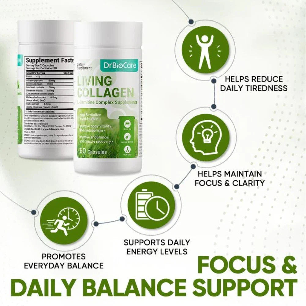 DrBioCare Living Collagen L-Carnitine Complex Supplement, Grass Fed Bovine Collagen Peptides,Bovine Colostrum,Cinnamon Extract,Mulberry Leaf Extract, Non-GMO, 60 Capsules