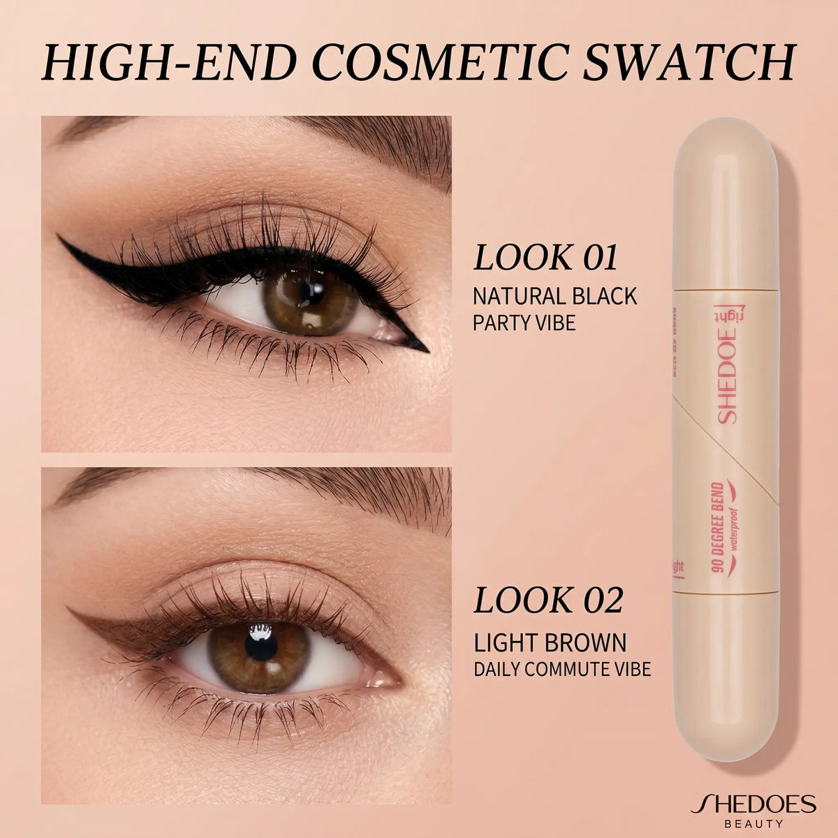 2-in-1 90° Rotating Winged Eyeliner Stamp Pen, Dual-Ended Eyeliner Shades Pen with Built-In Liner - Smooth, Aesthetic, Youth-Focused, Waterproof, Long-Lasting, Precision Tool for All Eye Shapes & Everyday Clean Girl (Natural Light Brown & Black)