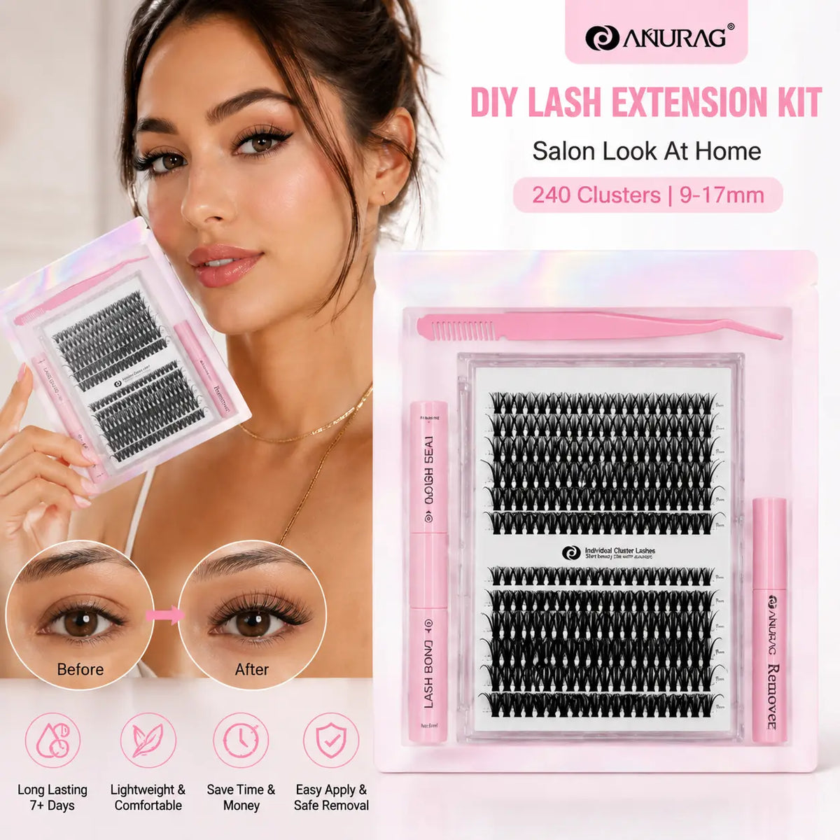 sohochic DIY Lash Cluster Kit for Beginners - 240 Pcs D Curl 9-17mm DIY Volume Eyelashes, Gentle Remover, No-Damage Adhesive, Sealant, Tweezers, 7+ Days Wear, Longer Looking/Dramatic/Anime Lashes, Salon-Like Flawless Look at Home
